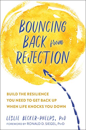 Book cover with yellow watercolor background and blue text: "Bouncing Back from Rejection".