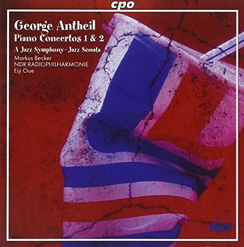 CD cover for George Antheil piano concertos with abstract blue and white design.