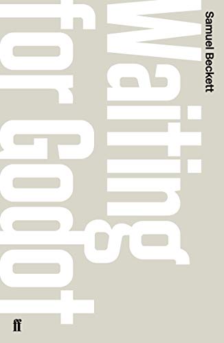 Book cover with large white vertical text Waiting for Godot on a beige background.