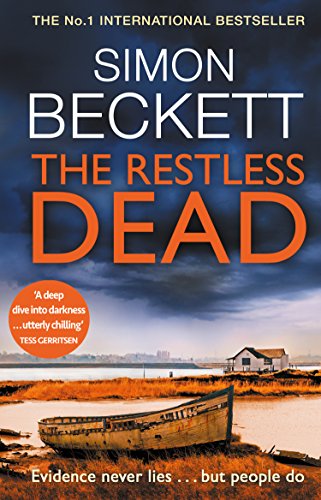 Book cover for The Restless Dead by Simon Beckett featuring a boat on marshland.