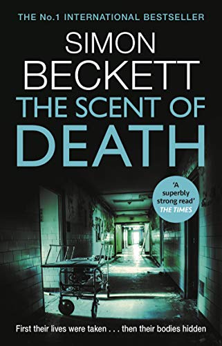 Book cover for The Scent of Death showing a gurney in a dark hallway.