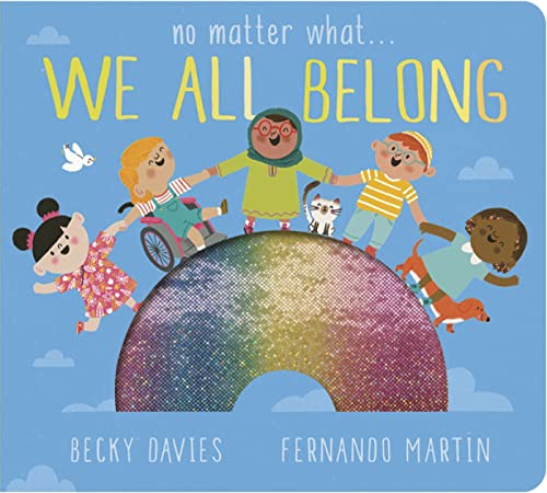 Children of diverse abilities and ethnicities holding hands on a rainbow.