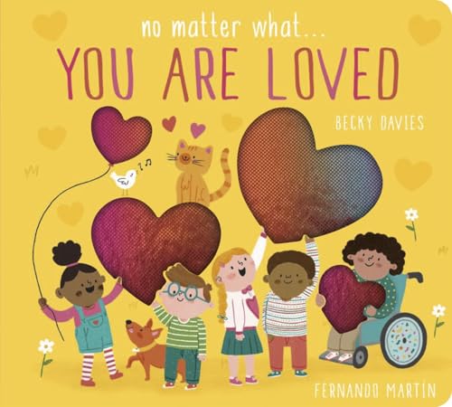 Children with diverse abilities holding hearts, with animals, on a yellow background.