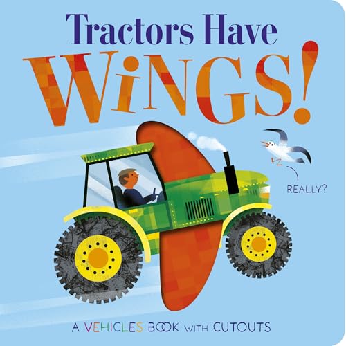 A green tractor with large orange wings flies through the sky near a seagull.