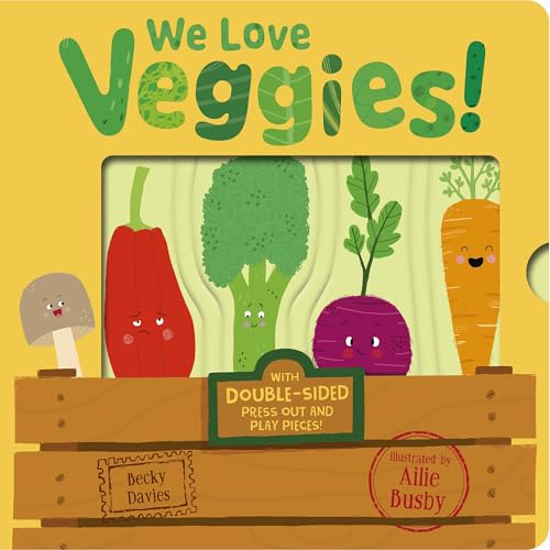 Cover of We Love Veggies! children's book featuring cartoon vegetable characters in a wooden crate.