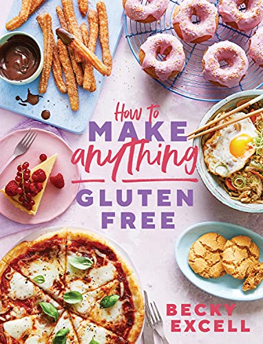 Cookbook cover featuring gluten-free pizza, donuts, fries, and other foods.