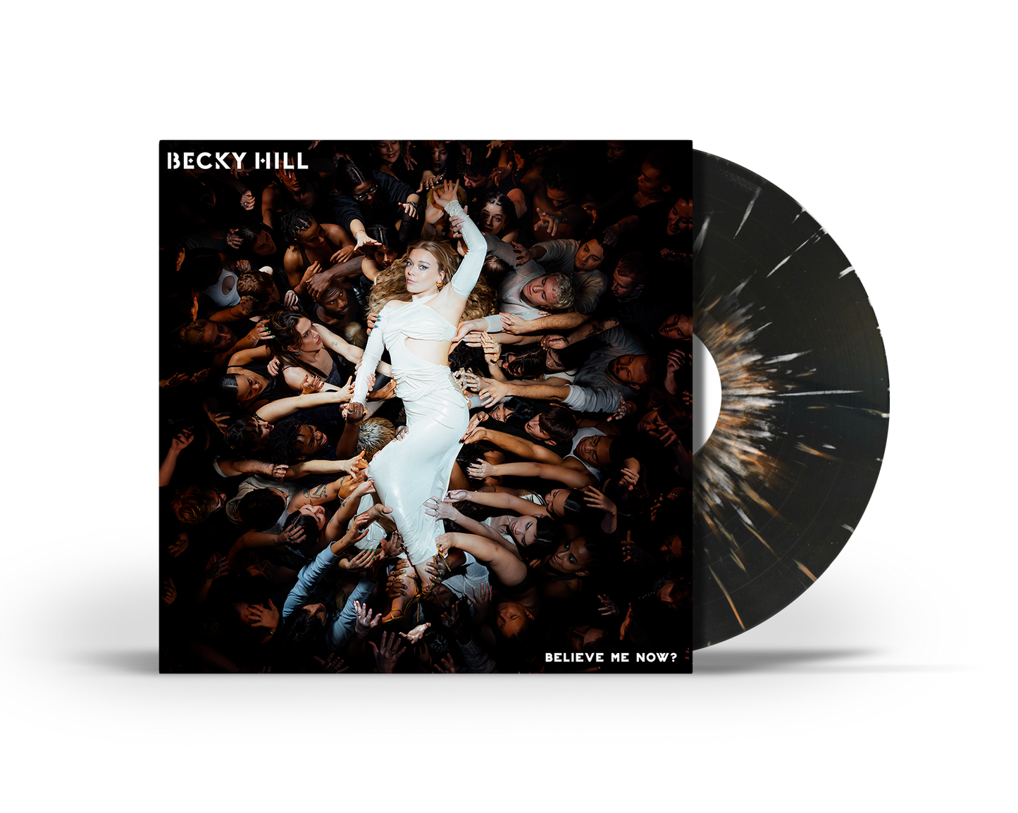 Becky Hill in a white dress surrounded by many hands, with a marbled vinyl disc.