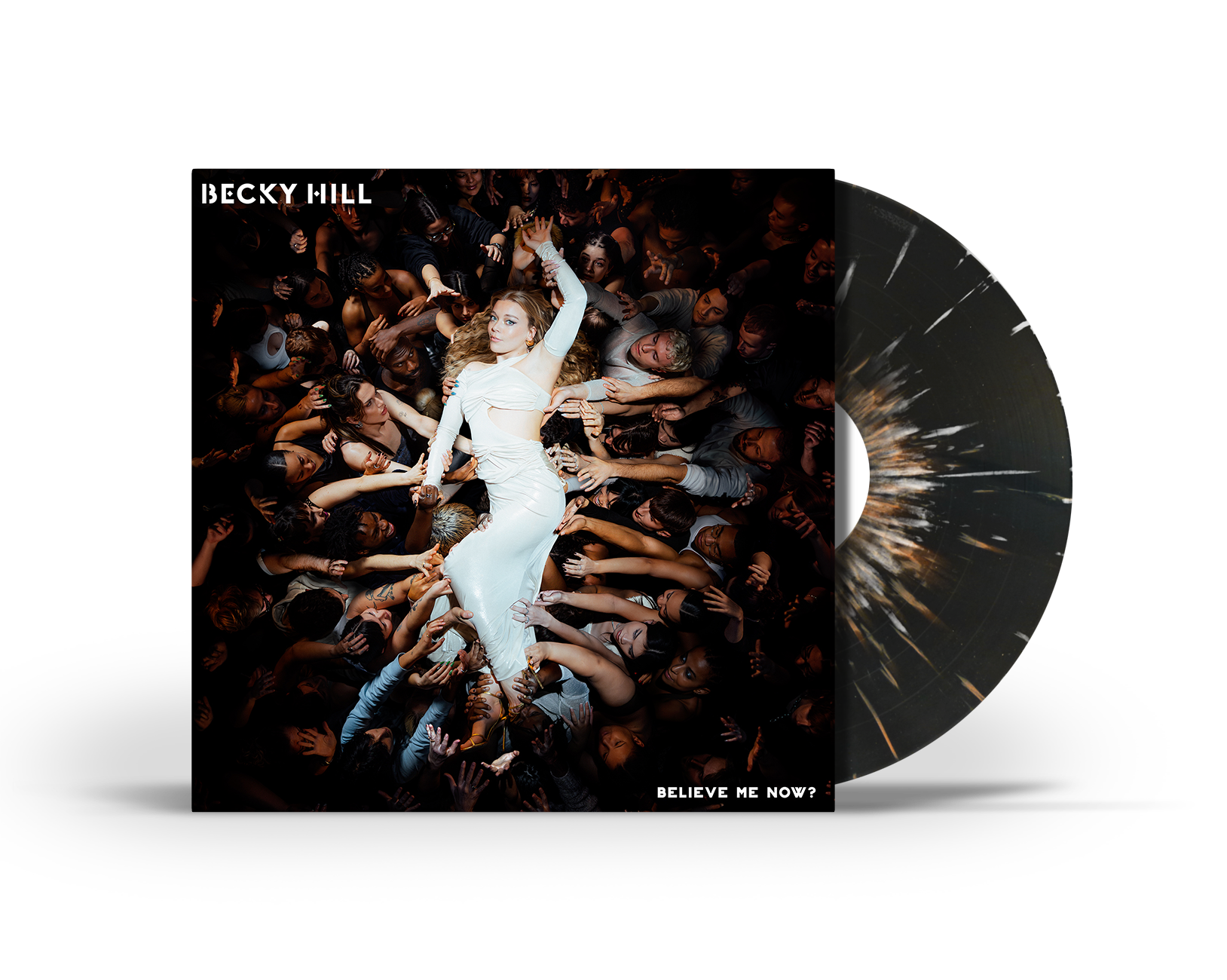 Becky Hill in a white dress surrounded by many hands, with a marbled vinyl disc.