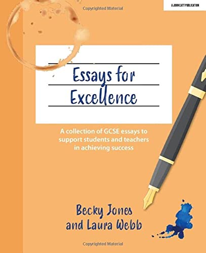 Book cover: “Essays for Excellence” with a fountain pen and coffee stain.