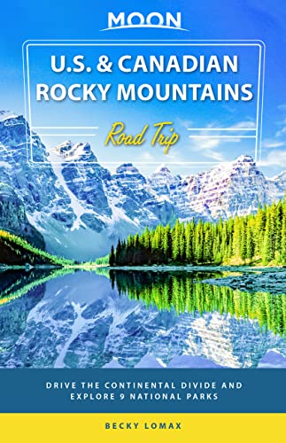 Travel guidebook cover featuring snow-capped Rocky Mountains and a turquoise lake.
