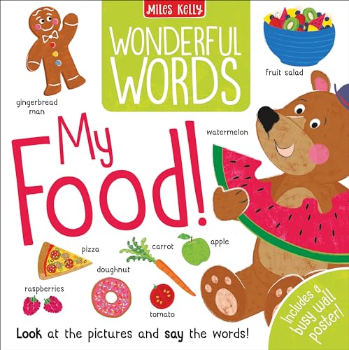 Children’s book cover with food illustrations and colorful lettering.