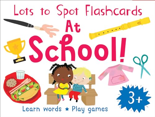 School-themed flashcards with illustrations of children, objects, and a 3+ age recommendation.