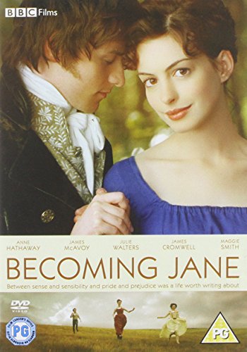 "DVD cover featuring a man and woman in 19th-century attire, with title 'Becoming Jane'."