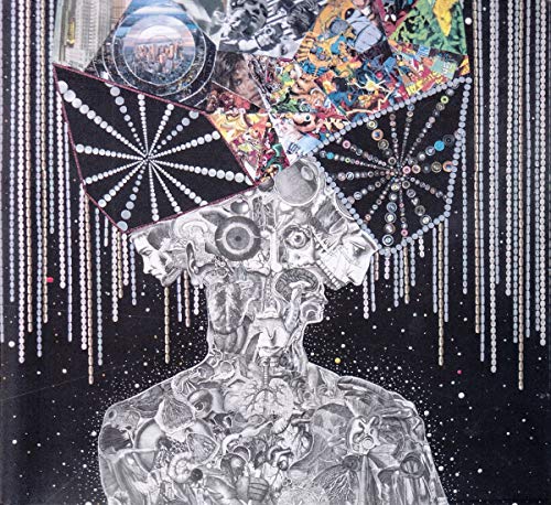 Collage artwork of a faceless head with abstract designs on a starry black background.
