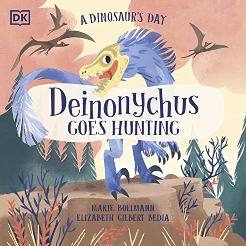 Illustration of a blue Deinonychus dinosaur with feathered tail and claws.