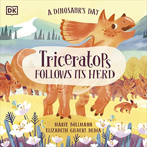 Book cover depicting a brown Triceratops and herd in a landscape.