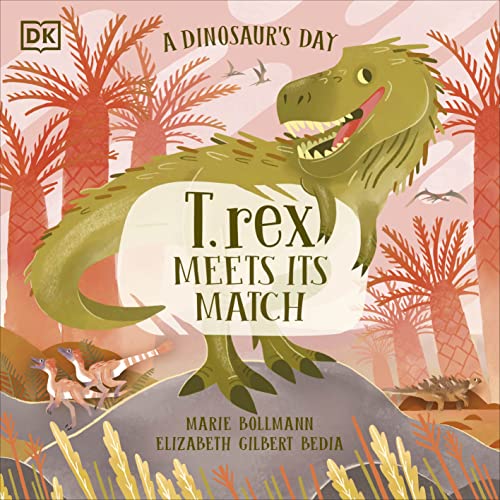 Illustration of a green Tyrannosaurus rex with other dinosaurs in a landscape.