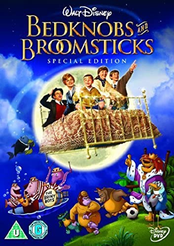 Bedknobs and Broomsticks" DVD cover with characters on a flying bed.