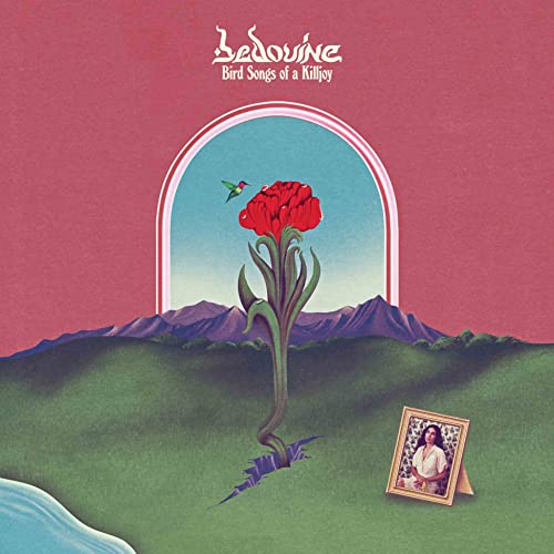 Album cover: red flower, mountains, hummingbird, and framed portrait.