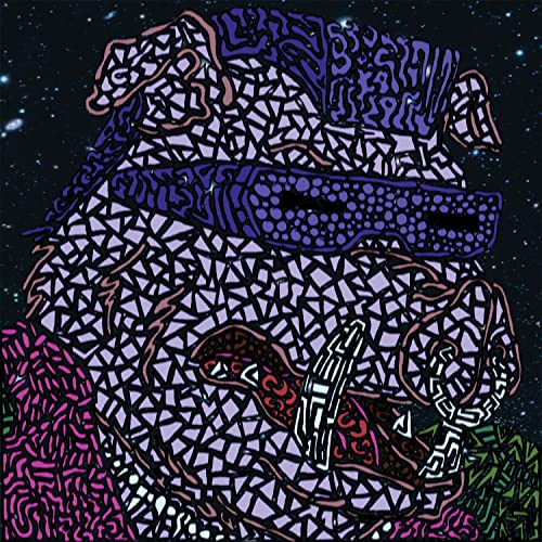 Abstract mosaic portrait of a bear wearing sunglasses, holding a guitar.
