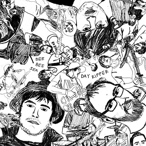 Black and white sketch of a band, “Bee Bee Sea - Day Ripper” vinyl.