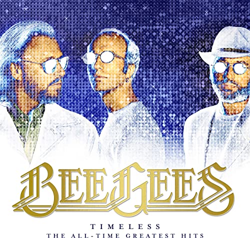 Bee Gees album cover featuring three men in white suits against a blue glitter background.