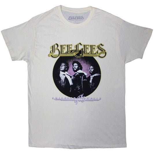 Natural-colored unisex t-shirt featuring the Bee Gees Children of the World album cover graphic.
