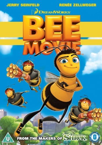 Bee Movie" DVD cover featuring cartoon bees against a blue sky and city.