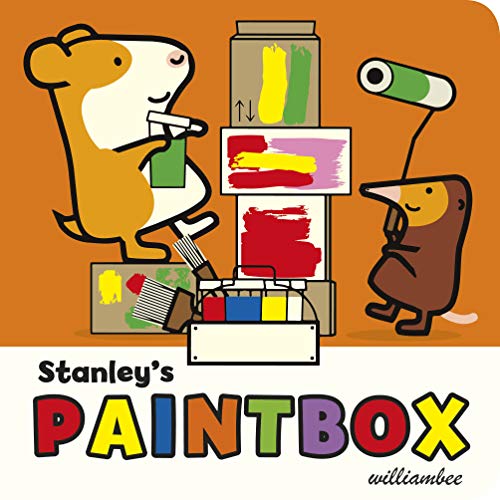 Cartoon hamsters painting with colorful paints and brushes on a box.