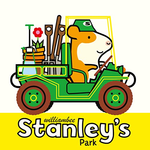 Cartoon bear driving a green jeep filled with gardening tools.