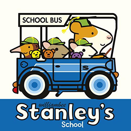 Blue school bus with animal characters wearing green caps.