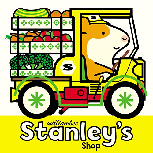 Yellow cartoon truck filled with produce, driven by a bear.
