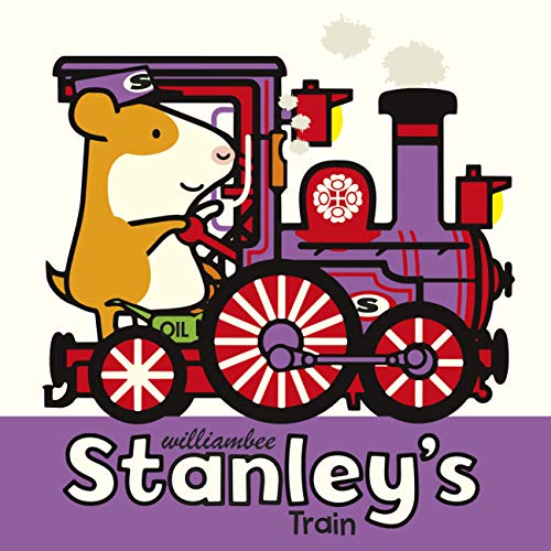 A cartoon hamster driving a purple and red steam train.
