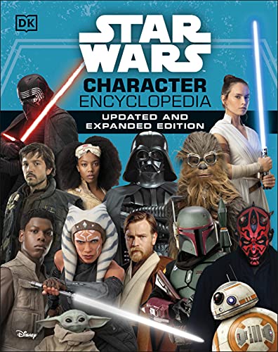 Star Wars character encyclopedia cover featuring diverse characters and lightsabers.