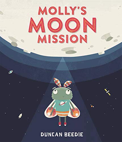 The image depicts a cartoon rabbit in space, wearing a backpack, with the moon above.