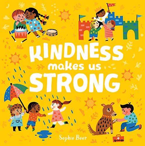 Book cover with yellow background showing diverse children playing together and helping a dog.