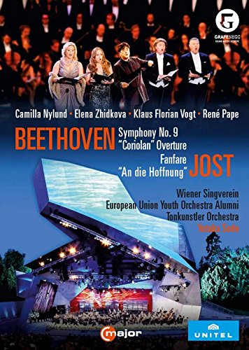 DVD cover for Beethoven’s Symphony No. 9 with performers and stage image.