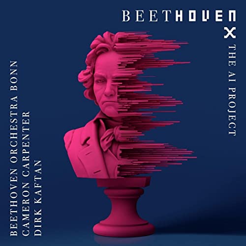 Beethoven bust dissolving into digital lines on a dark blue background.