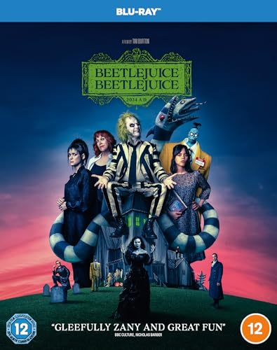 Beetlejuice Blu-ray cover featuring the film’s characters and haunted house.