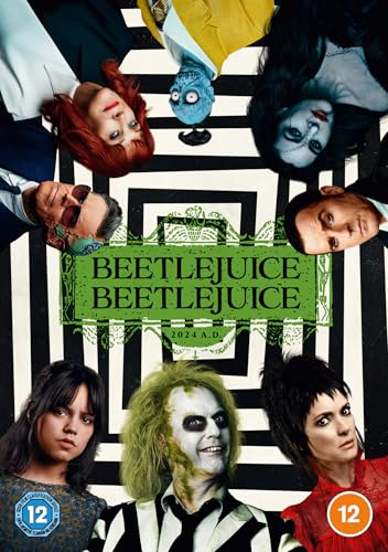 Beetlejuice movie poster with characters arranged around a striped floor.