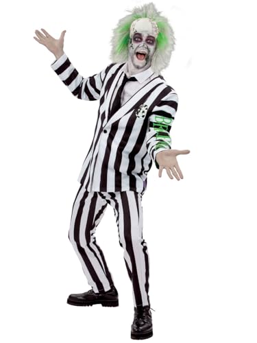 Man in black and white striped suit with green hair and pale face paint.