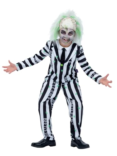 Child in Beetlejuice costume with white face paint and green hair, striped suit.
