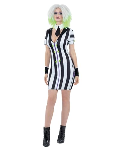 Woman wearing a black and white striped Beetlejuice costume with green hair.