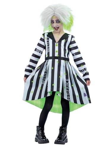 Child wearing a black and white striped Beetlejuice costume with a white wig.
