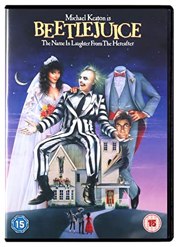 Beetlejuice DVD cover featuring Michael Keaton in striped suit and ghostly figures.