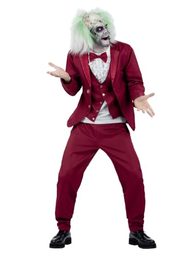 Beetlejuice costume: red suit, pale makeup, wild green hair, gesturing hands.