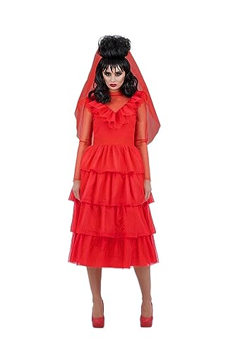 Woman in red tiered wedding dress with veil, Beetlejuice costume.