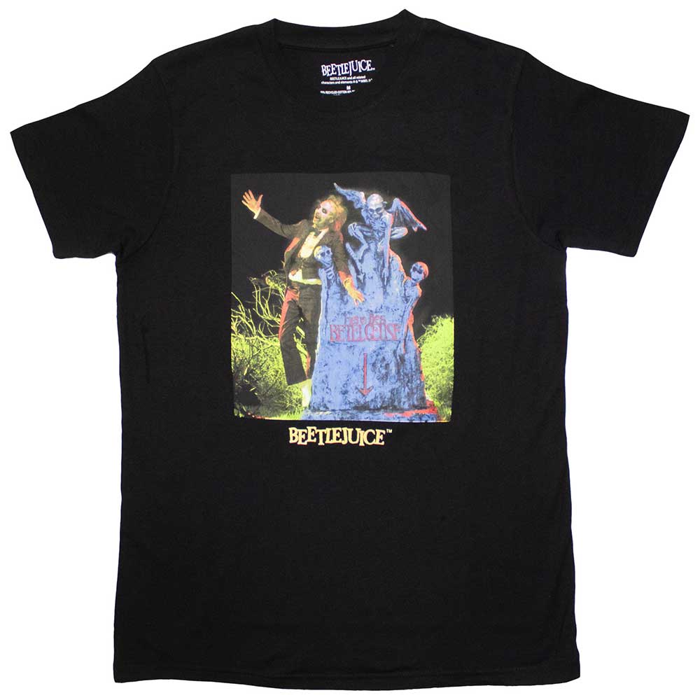 Black t-shirt with a colorful Beetlejuice movie scene graphic.