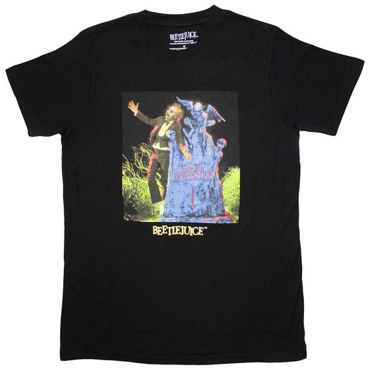 Black t-shirt with a colorful Beetlejuice movie scene graphic.