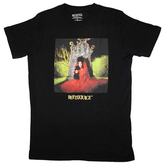 Black t-shirt featuring a graphic of Lydia Deetz from Beetlejuice, size large.